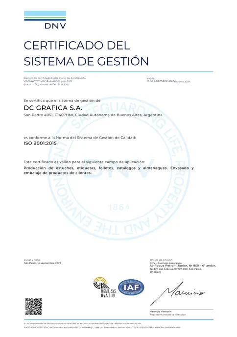 Certificado ISO 9001:2015 — DC Gráfica